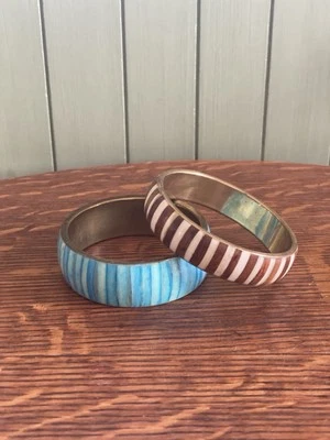 Aqua Blue Dyed Bone & Brass Bracelet And Natural Bone Wood & Brass Bracelet - Image 1 of 2