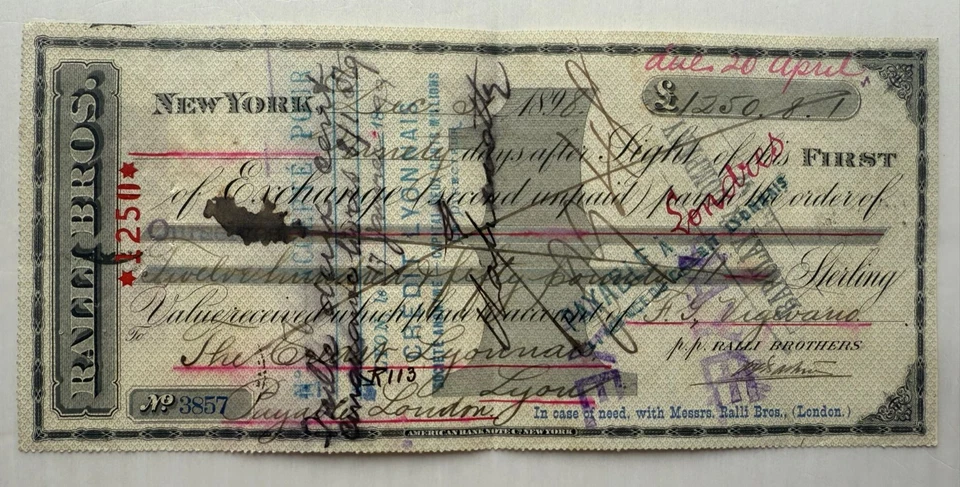 Ralli Brothers New York £1,250 Draft Greek Merchants 1880s Bill of Exchange - Image 1 of 1