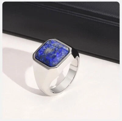Natural Lapis Lazuli Mens Ring 925 Sterling Silver Gemstone Ring Gift For Friend - Image 1 of 4