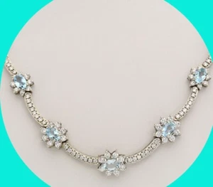 Diamond Aquamarine Flower Scallop Necklace 5.4CT VS Clarity 14K WG 16” Long - Picture 1 of 8