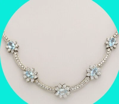 Natural Diamond Aquamarine Flower Scallop Necklace 5.4CT 14K WG 16” Long - Image 1 of 4
