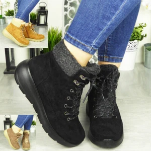 Winter Boots Shoes Ladies Laces Snow Warm Fleece Lined Comfy Casual Womens Size - Picture 1 of 25