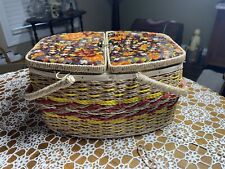 Vintage Oval Orange Floral Top Wicker Sewing Basket Yellow Lining & Clear Tray