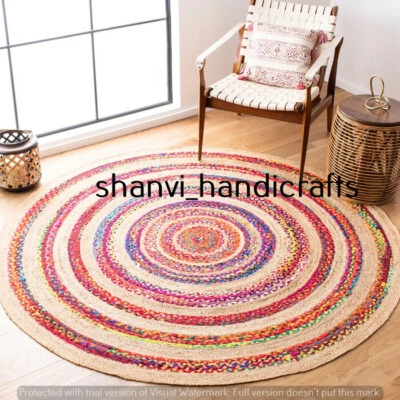 Handmade Round Braided Cotton Rug Hand Woven Jute Rug Multi Chindi Round Rug Mat - Image 1 of 4