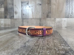 Butterfly Flower Purple DESIGN Leather Belt Hand Tooled  SIZE 20" - Picture 1 of 4