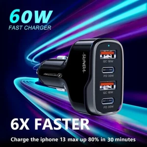 60W USB C Fast Car Charger, 4-Ports PD30W/PPS30W For iPhone16/15/14/13 Pro Max - Picture 1 of 7
