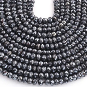1 Strand Black Spinel Silver Coated Faceted Rondelles Beads-Semi Precious Gems - Picture 1 of 4