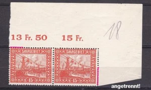 Saargebiet 98 PF I, Plattenfehler I auf Feld 10 Eckrandpaar **, angetrennt #e566 - Bild 1 von 2