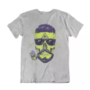 Mens Beard T-Shirt Bearded Skull Illuminati Tattoo Pipe Retro Movember Goth Art - Picture 1 of 2