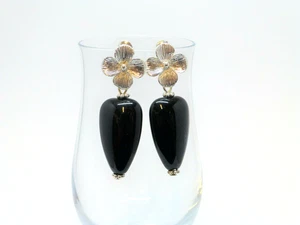 Lange Ohrringe Ohrstecker Blüte Silber Glastropfen Schwarz - Bild 1 von 7