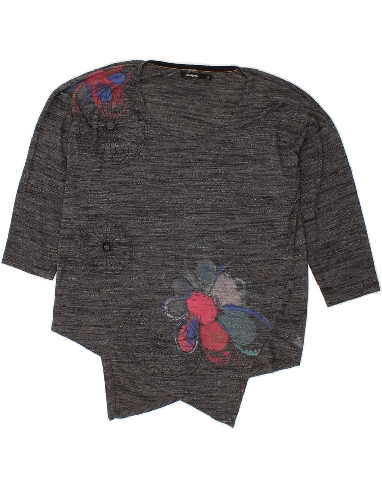 DESIGUAL Womens 3/4 Sleeve Crew Neck Jumper Sweater UK 8 Small Grey Floral CV05 - Image 1 of 3