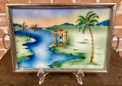 Bandeja de moldura de metal de vidro pintada à mão Art Deco decoração de palmeira  - Imagem 1 de 4