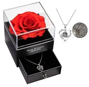 Preserved Real Rose with I Love You Necklace 100 Languages - Eternal - Picture 1 of 6