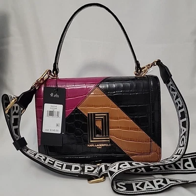 Karl Lagerfeld Paris Simone Leather Croc Embossed Crossbody Bag Flap Black - Image 1 of 4