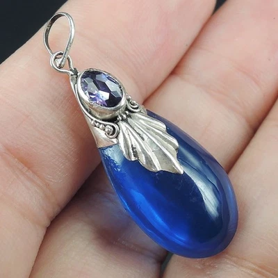 Gioielli con ciondolo in argento sterling 925 ametista e vetro blu - Immagine 1 di 4
