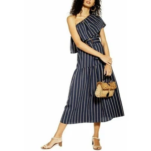 Topshop One-Shoulder-Midikleid gestreift Gürtel A-Linie blau/braun Größe 4 - Bild 1 von 8