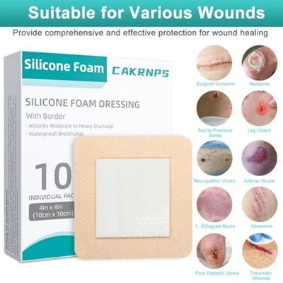 Silicone Foam Dressing 4“ x 4” with Adhesive Border,10 Packs Waterproof Silic.. - Image 1 of 4