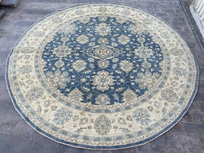 9x9 Dark Blue Ivory Oriental Turkish Ziegler Round Wool Rug Turkmen Circle Rug - Image 1 of 4