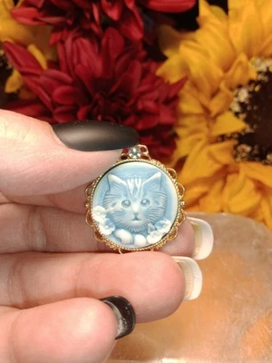 Dainty Small Blue & White Gold Tone Kitty Cat Cameo Pendant w/ Rhinestone Detail - Image 1 of 3