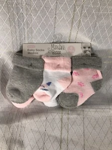 MARY JANE & BUSTER 0-6M Infant Baby Girl Socks 6pk Gray Grey Pink Cat Kitten - Picture 1 of 9