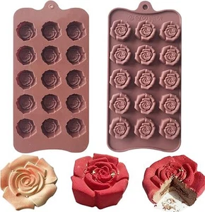 2 Pack 15-Cavity Rose Flower Shaped Silicone Chocolate Molds Ice Cube Mold Tray - Picture 1 of 1