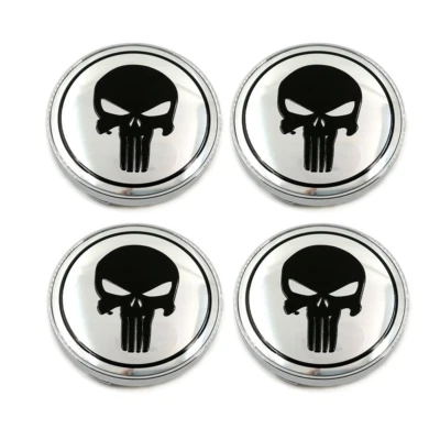 4x 56mm/60mm Cromo Negro 3D Calavera Punisher Coche Rueda Centro Tapacubos Cubierta de Llanta Foto 1 de 3