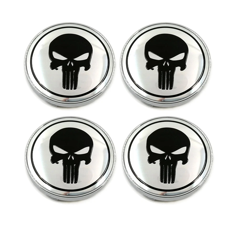 4x 56mm/60mm Cromo Negro 3D Calavera Punisher Coche Rueda Centro Tapacubos Cubierta de Llanta Foto 1 de 3