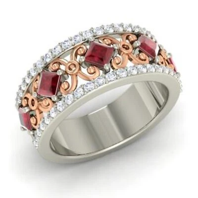 1.31Ct Princess Natural Ruby Diamond Eternity Wedding Ring Band 950 Platinum 6 7 - Image 1 of 4