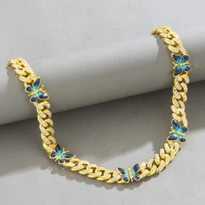 Hip Hop Colorful Enamel Butterfly Cuban Chain Necklace Bling Thick Heavy Chokers - Picture 1 of 14