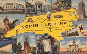 North Carolina Map Linen Postcard - Picture 1 of 2