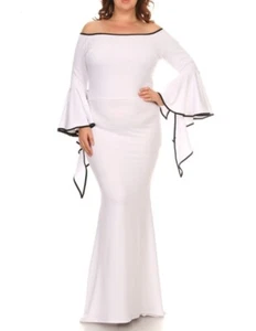 Plus Size White Black Off Shoulder Ruffle Bell Sleeve Mermaid Maxi Dress XL 1X - Picture 1 of 3