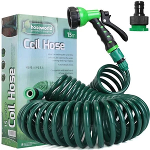 24FT-65FT Coil Garden Hose EVA Flexible Water Self-coiling Hose w/ 7 Spray Nozzl - Picture 1 of 21