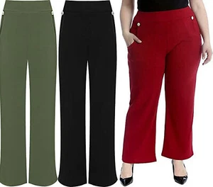 Women's Pocket Button Palazzo Embellished Ladies Wide Leg Pants Trouser UK 14-28 - Picture 1 of 9