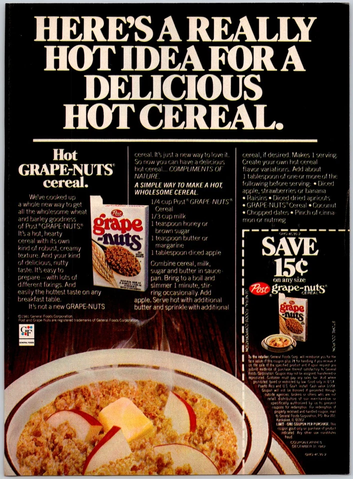 PRINT AD 1981 Post Grape Nuts Hot Cereal Idea Recipe with Vintage Coupon 8x11 - Image 1 of 1