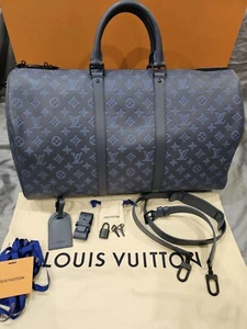 Louis Vuitton Keepall Bandouliere 50 Giant Monogram Shadow Blue Travel Bag Leath - Picture 1 of 24