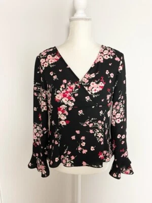 Blusa Top Esquinera Informal Mujer Talla 6 Negra Rosa Floral Cuello en V Manga Larga Campana Foto 1 de 4