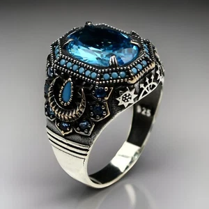 Aquamarine Ring Men 925 Sterling Silver Turkish Jewelry Size 7-14 - Picture 1 of 8