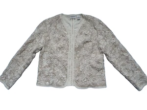 Chico's 1 Shirt Jacket Beige Cotton White Heavy Floral Embroidery Hooks Closure - Picture 1 of 6