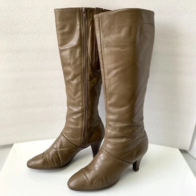 Vintage Options Brand Knee High Tan Leather Kitten Heel 1970s 80s Boots Cobbies - Image 1 of 4