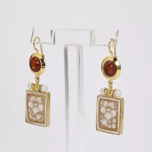 ORECCHINI IN ARGENTO 925 DORATO CON CAMMEO FIORI E AMBRA AGHT 0696 - Foto 1 di 3