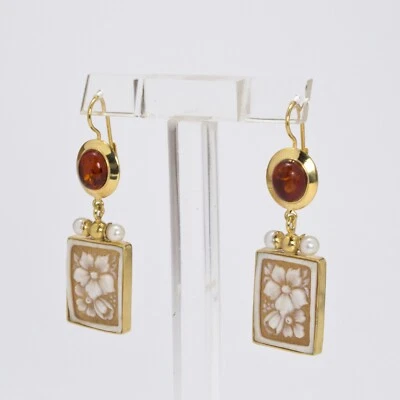 ORECCHINI IN ARGENTO 925 DORATO CON CAMMEO FIORI E AMBRA AGHT 0696 - Immagine 1 di 3