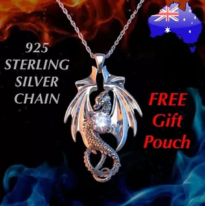 Carved 3D Mythical Dragon Crystal Pendant 925 Sterling Silver Necklace Gift New - Picture 1 of 7