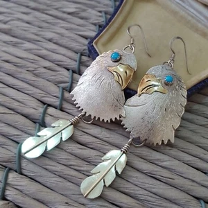 Harrison Yazzie Native American 925 Sterling Silver Earrings, Eagle, Turquoise - Picture 1 of 7