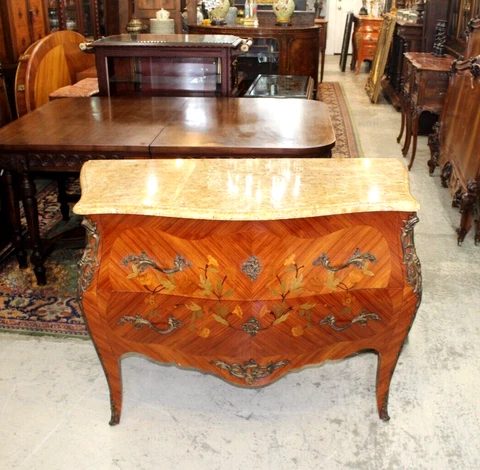 French Antique Inlaid King Wood Louis XV Marble Top Chest of Drawers Dresser Cover