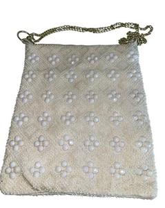 Bolso de hombro vintage Mr Jonas para mujer blanco roto con cuentas correa dorada Hong Kong - Imagen 1 de 10