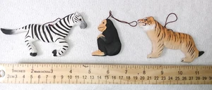 Set of 3 Wooden Safari Animal Christmas Ornaments Zebra Monkey Tiger 2-3" - Picture 1 of 2