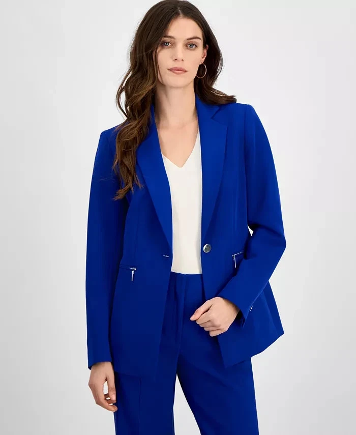 Blazer para mujer Anne Klein Petite cuello muesca de un botón cremallera bolsillo 0P cobalto Foto 1 de 4