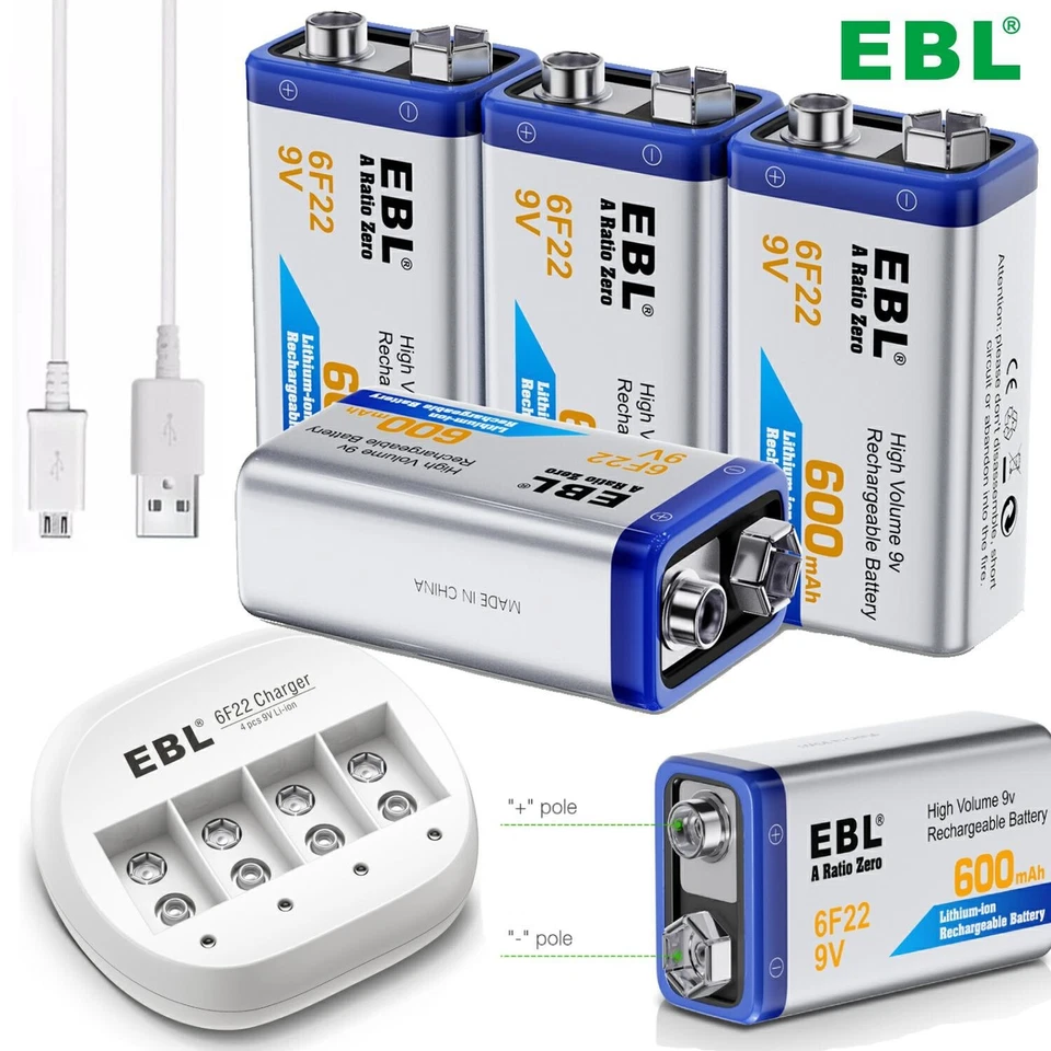 EBL 600mAh 9V Rechargeable Batteries 9 Volt Lithium / 9V Optional Charger Lot - Image 1 of 4
