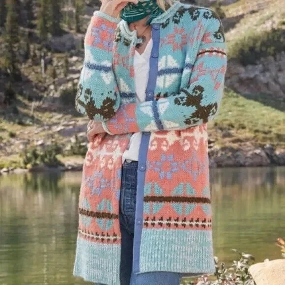 Abrigo cárdigan grueso Sundance Multi Faya Fair Isle mezcla de lana botón a presión XL Foto 1 de 4