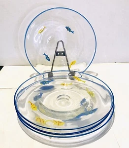Set Of 4 Hand Blown Annieglass Santa Cruz Fish Dinner Plate 10-1/2" Signed Blue - Picture 1 of 11